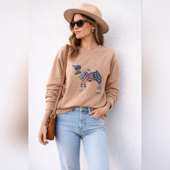 J. Crew Tops - 539-J.‎ Crew Camel Embroidered Sweatshirt in Tan